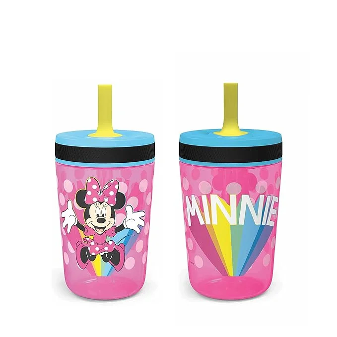 Zak Designs Disney Kelso Tumbler 15 oz Set (Minnie Mouse) Leak-Proof Screw-On Lid with Straw, Made of Durable Plastic and Silicone, Perfect Bundle for Toddlers, Kids