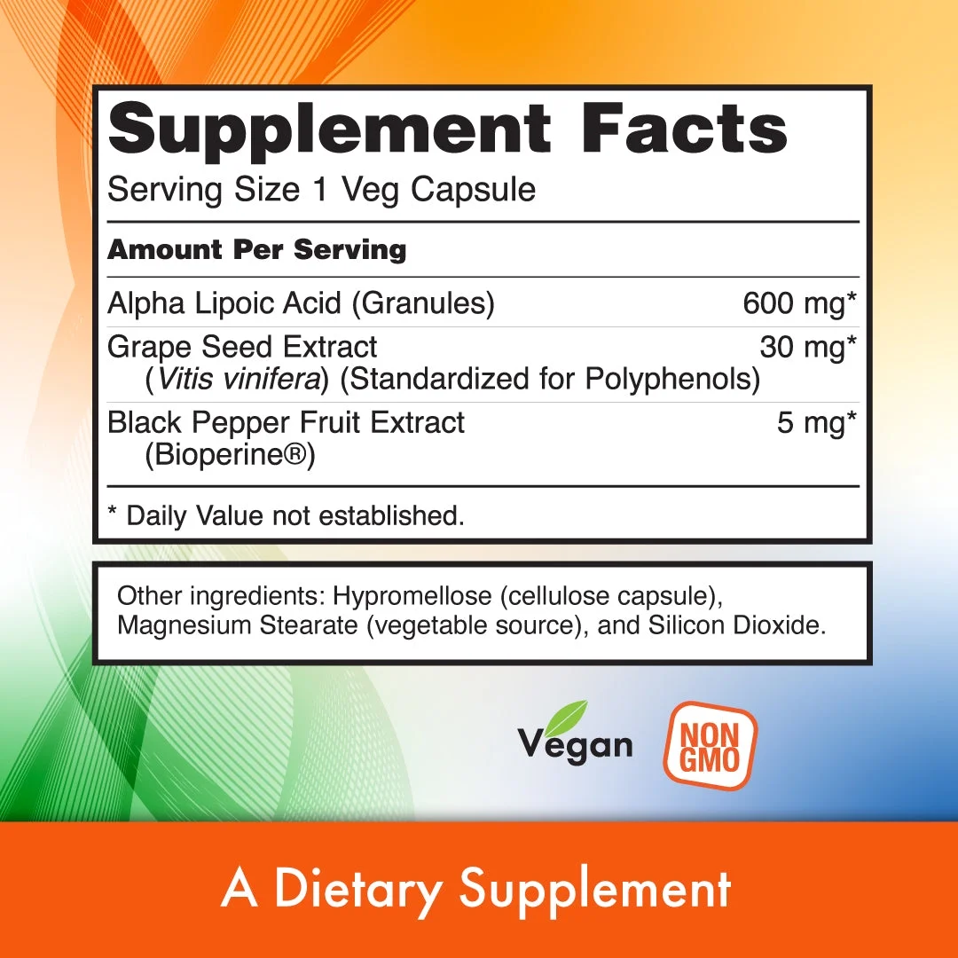 Nutri Plus Fit Alpha Lipoic Acid 600 mg with Grape Seed Extract & Bioperine&reg;, Extra Strength, 60 Veg Capsules