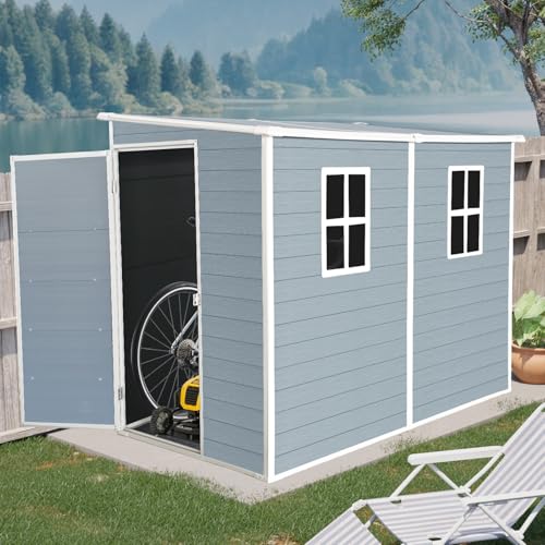4x8 ft Outdoor Resin Storage Shed with Floor and 2 Windows, Lockable Double Door Resin Sheds with Vents, Waterproof Garden Shed for Backyard, Patio, Lawn, All-Weather Tool Sheds, Grey