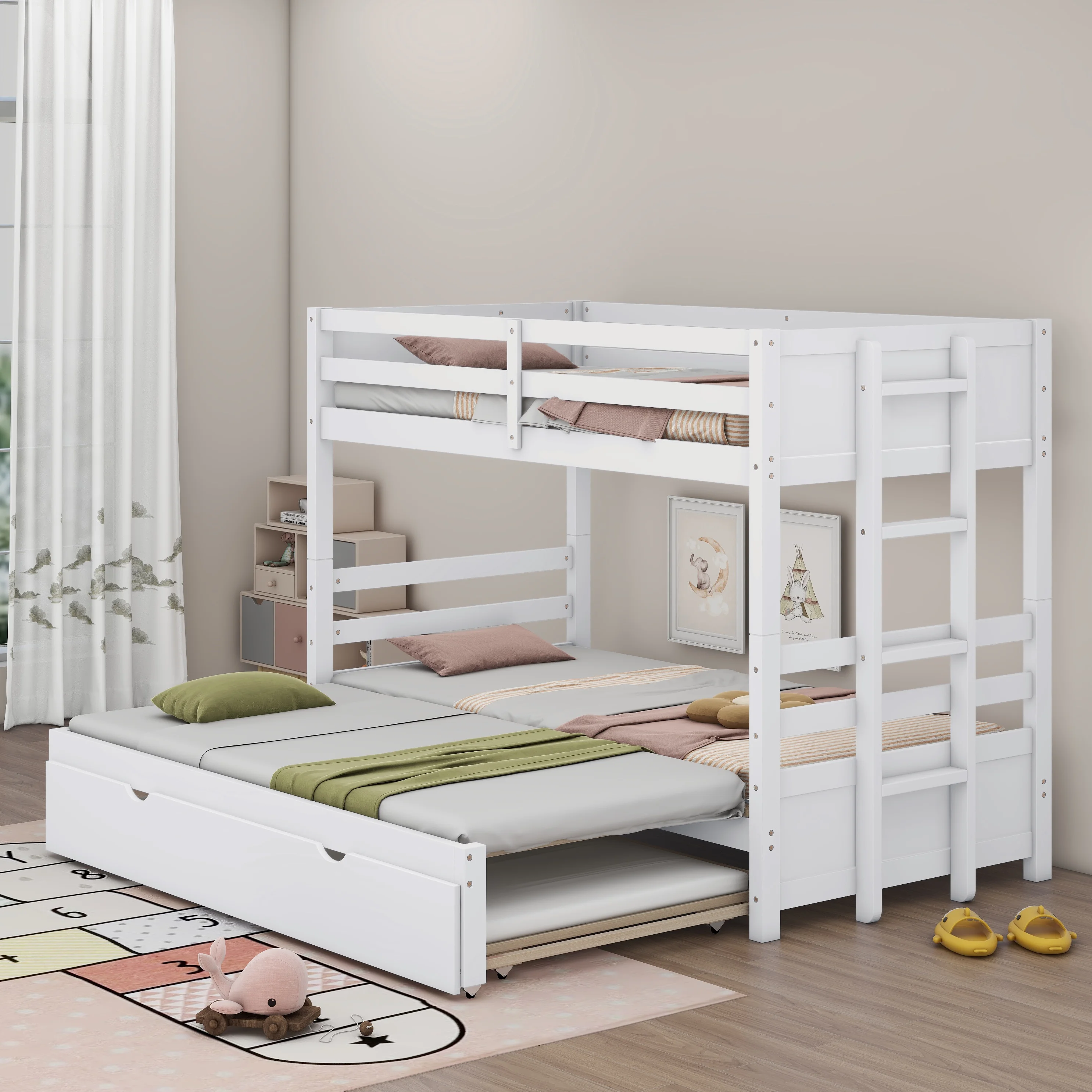 Twin Over Full Bunk Bed with Trundle, Solid Wood Bunk Bed Frame with Ladder and Safety Guardrail, for Kids Teens Adults, White