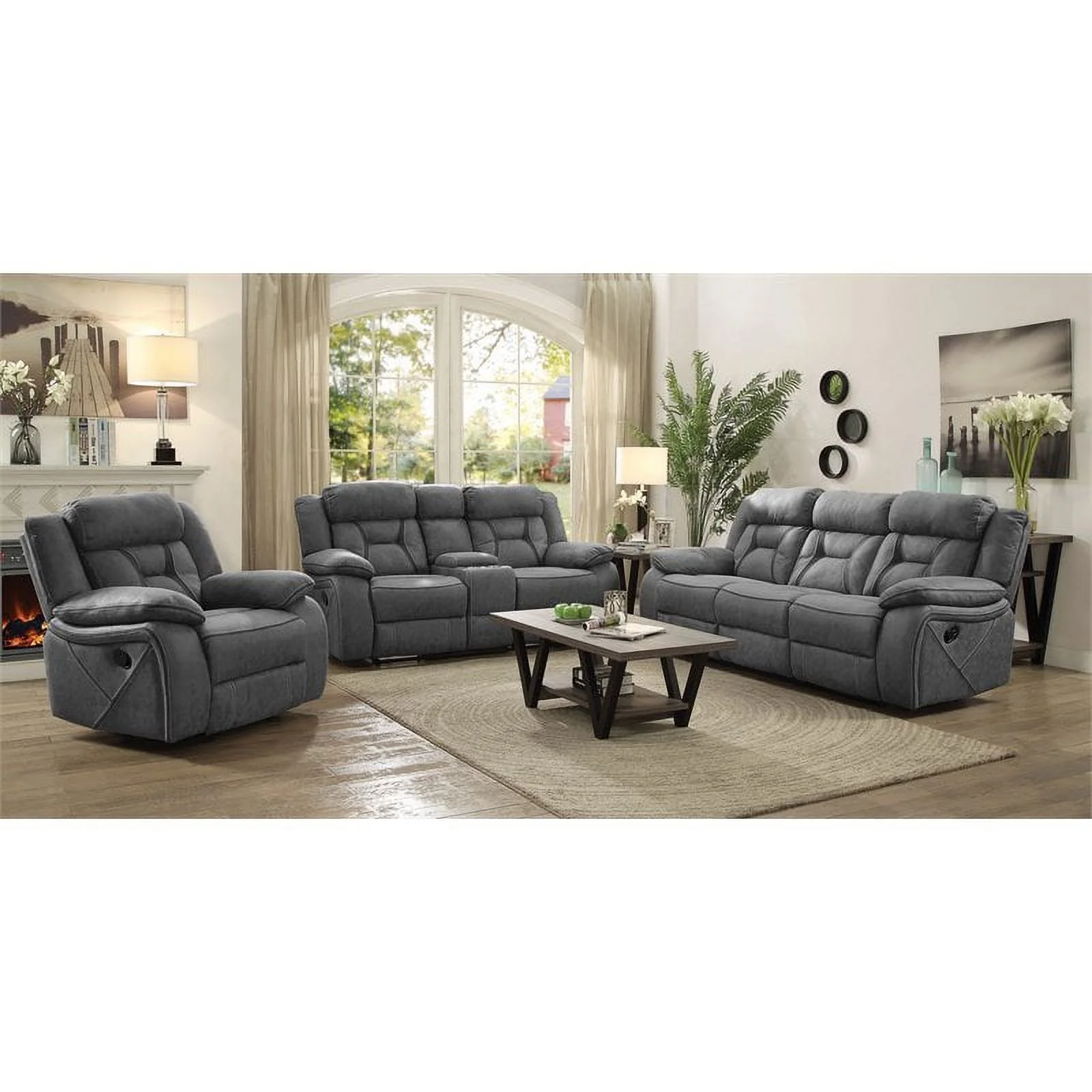Pemberly Row Faux Leather Pillow Top Arm Motion Loveseat with Console in Gray