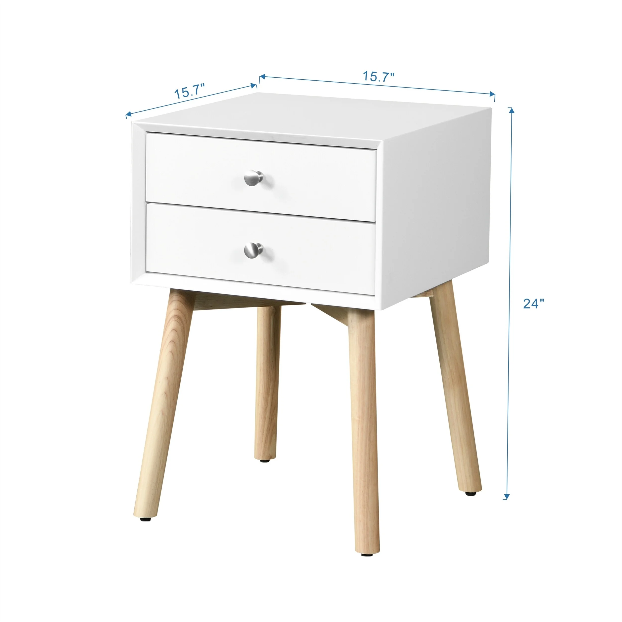 Side Table 2 Drawer Bedside Table Rubber Wood Legs, Storage Cabinet White