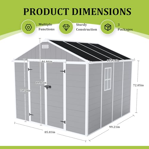 8x8 FT Outdoor Resin Storage shed - Waterproof Garden Sheds with Vents, Lockable Double Doors and Windows for Lawn, Backyard, Patio, Tool Storage Use,Rust and UV Proof, Gray