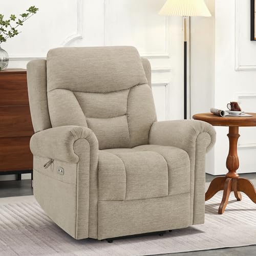 MCombo Triple Motor Power Lift Recliner Chair with Massage and Lumbar&seat Heating, Rolled Arms, Adjustable Headrest for Elderly People, Fabric 7888 (Coffee, Medium)