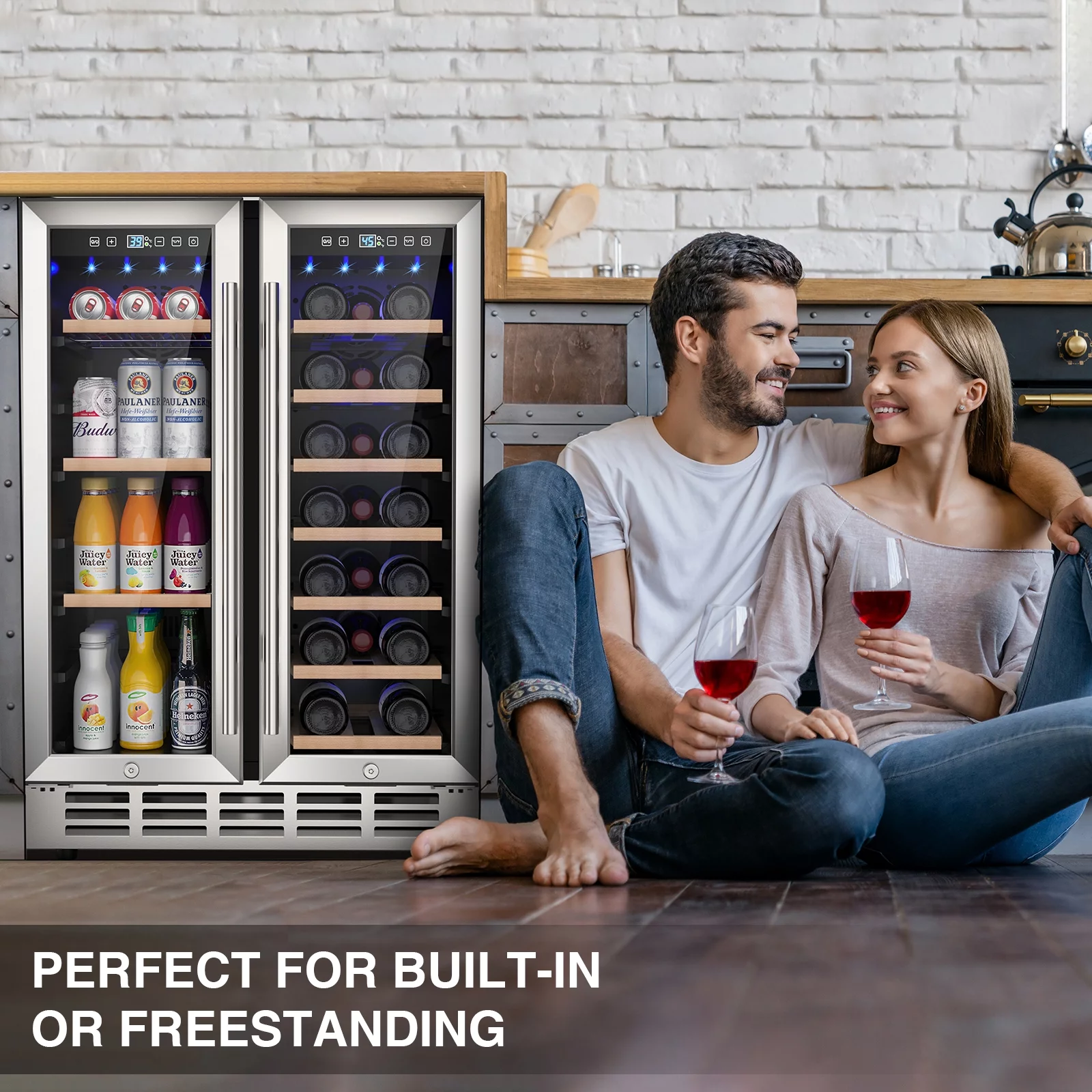 Ecojoy Beverage Refrigerator and Wine Cooler Refrigerator, Dual Zone 24 inch Built-in Refrigerator Standing Fridge with Safety Locks for 20 Bottles and 57 Cans