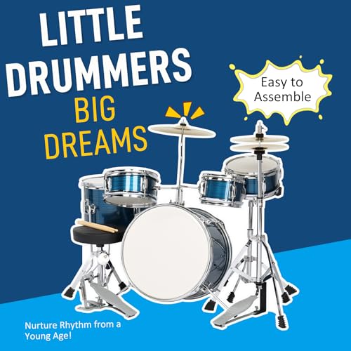 Ktaxon 5-Piece Complete Junior Drums Set, 14 Inch Beginners Drum Kit with Throne Stool, Pedal & Drumsticks, Kids Drums Musical Instruments W/Cymbal, Hi-Hat, Floor, Tom and Snare Drum (Black)