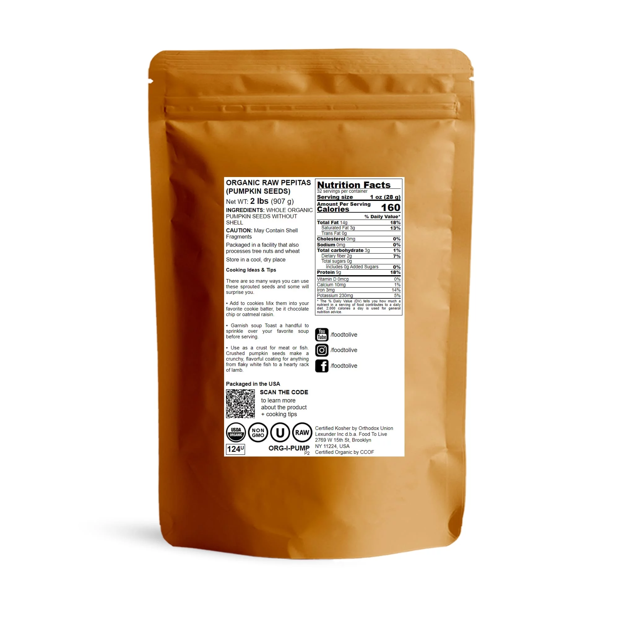 Food to Live, Organic Raw Pepitas (Pumpkin Seeds), 2 Pounds, Non-GMO, Raw