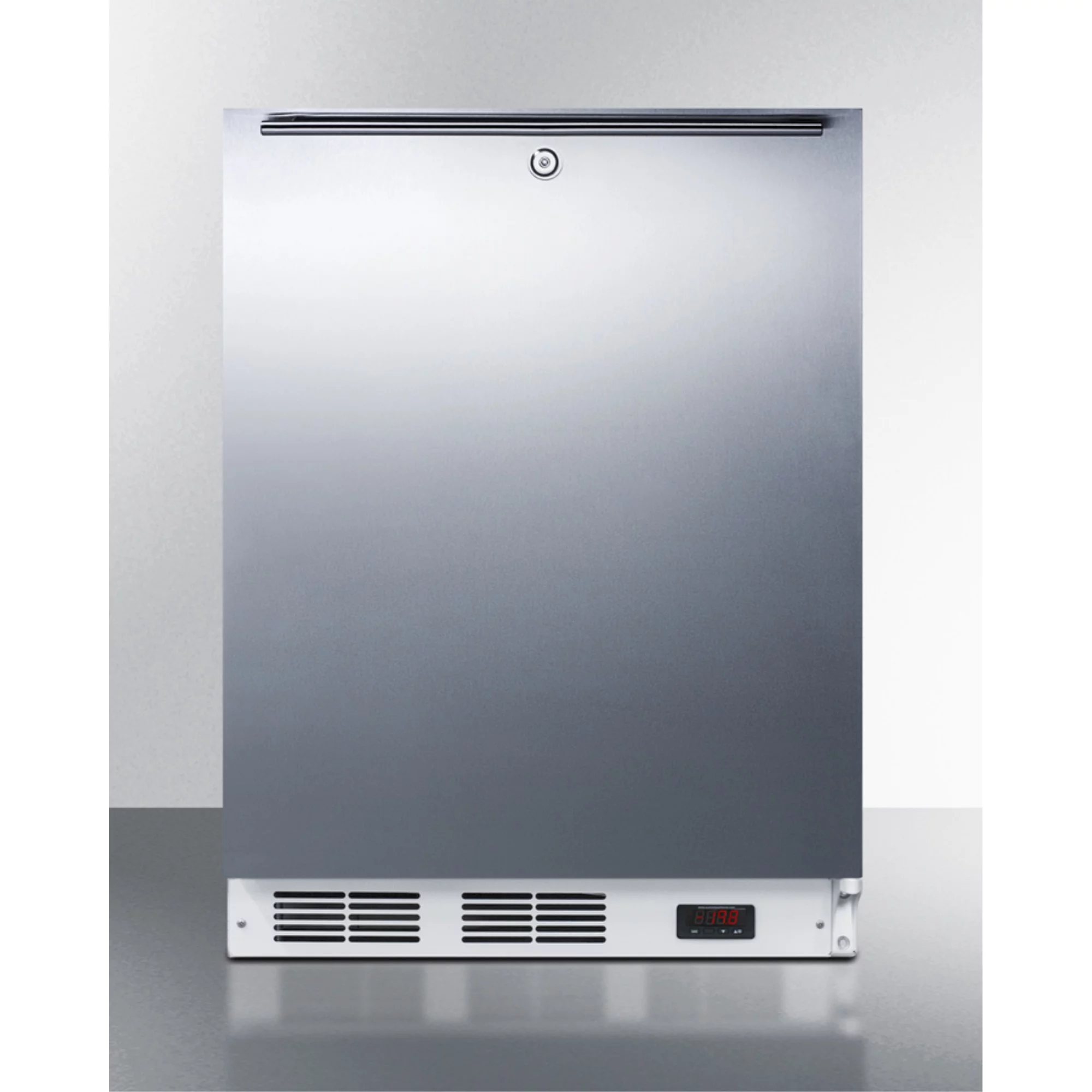 ADA compliant freestanding medical all-freezer capable of -25 C operation, with lock, wrapped stainless steel door and horizontal handle
