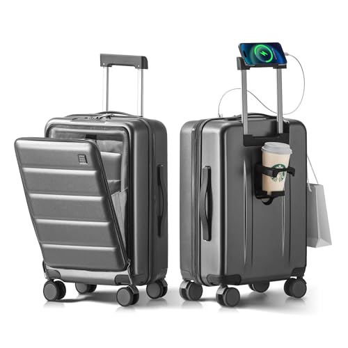 20 IN Carry On Luggage 22x14x9 Airline Approved - Front Pocket Hardside Travel Suitcase Unbreakable -with Cup Holder,Charging Port,Side Pothook, 360°Spinner Wheels, TSA Lock-Grey