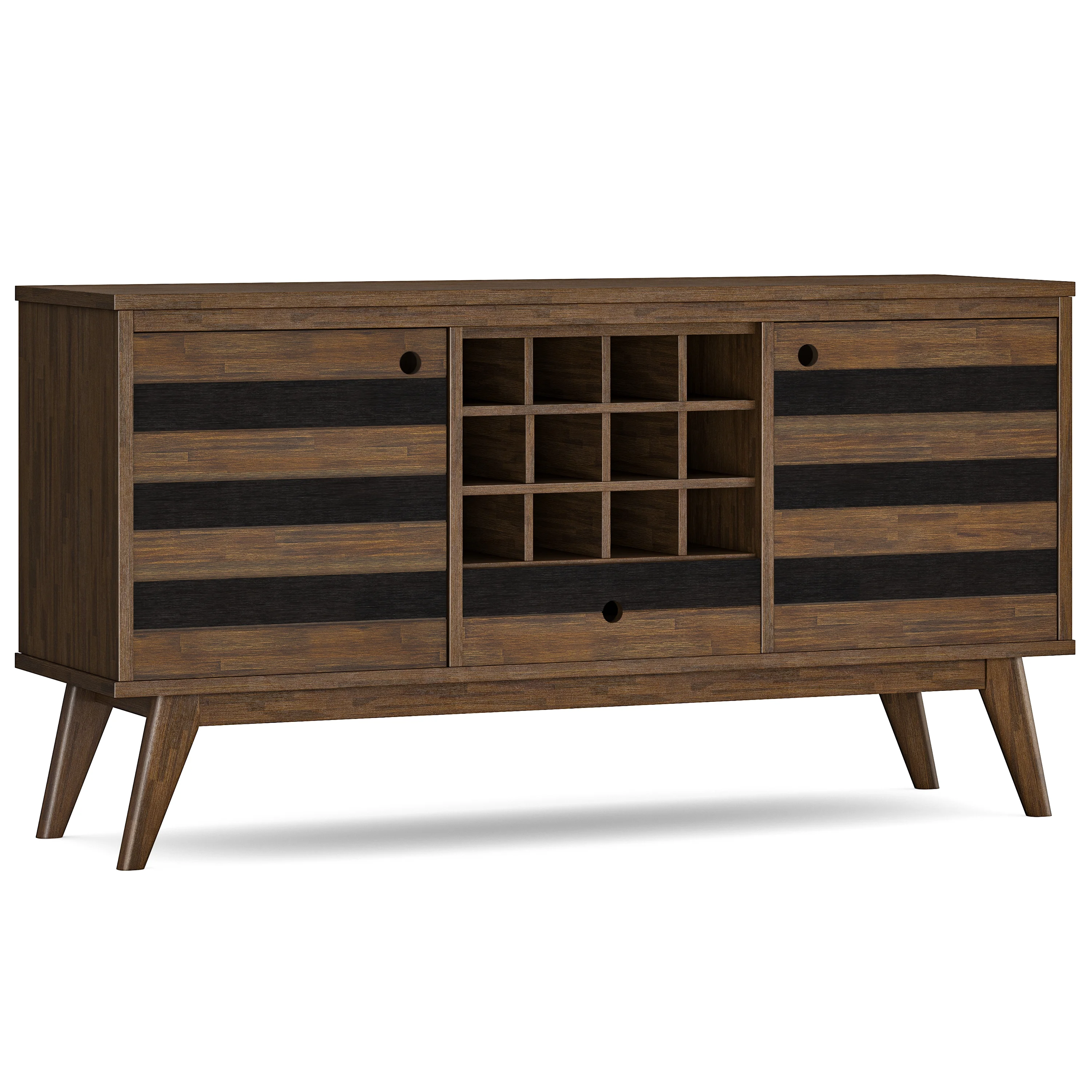 Simpli Home Clarkson SOLID ACACIA WOOD 60 inch Wide Mid Century Sideboard with Wine Storage in Rustic Natural Aged Brown