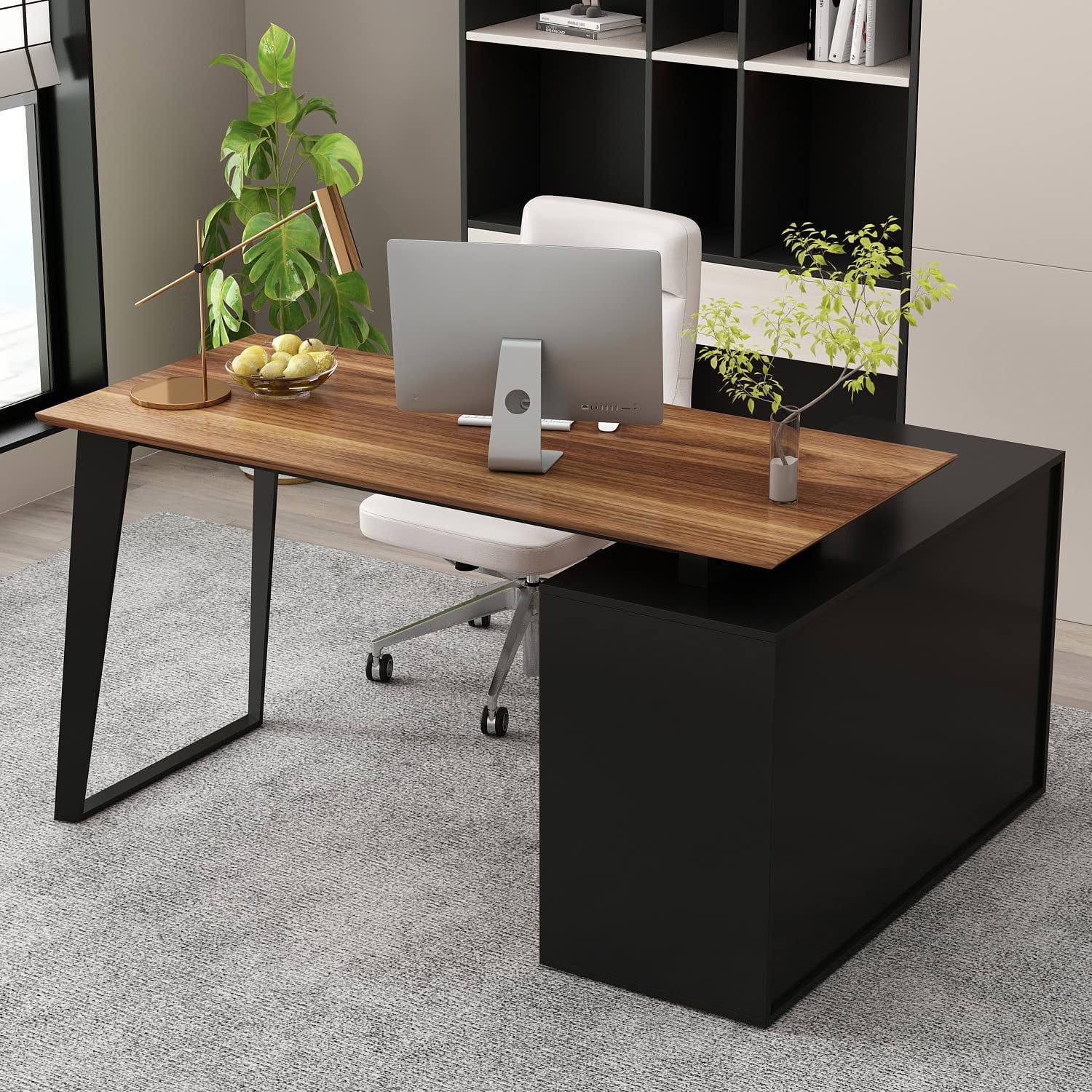 Home Office Computer Desk Corner Desk with 3 Drawers, 2 Shelves & 2 Doors, 55 Inch Large L-Shaped Study Writing Table with Storage Cabinet, Black & Brown (54.3”L x 40.9”W x 29.1”H)