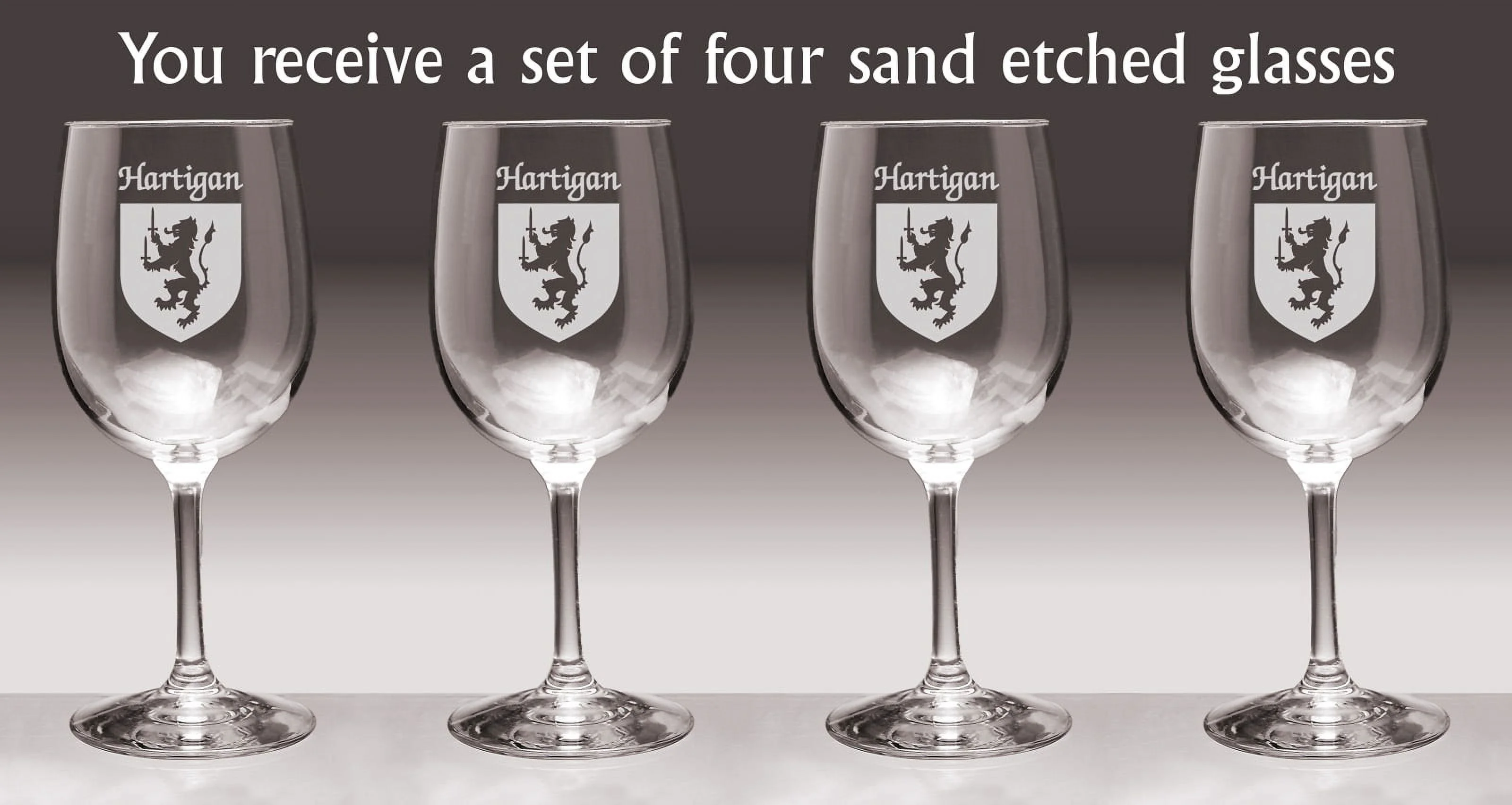 Hartigan Irish Coat of Arms Wine Glasses - Set of 4 (Sand Etched)