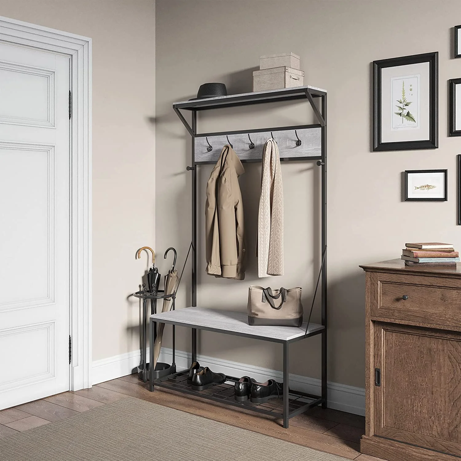 Bench Hall Tree, Entryway Storage Bench Shoe Rack, Hat and Coat Stand Accent Furniture with Black Metal Frame - Lexie (Stone Grey)