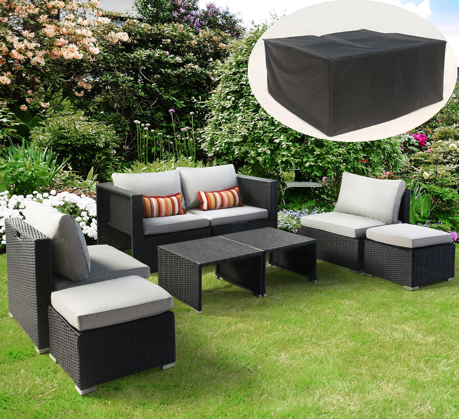8 PCS Fully Assembled Patio Furniture Sets Outdoor Sectional Sofa Furniture Outside Couch Conversation Sets Space Saving Deep Seating with Back Cushion Ottoman Coffee Table Black-W/Cover