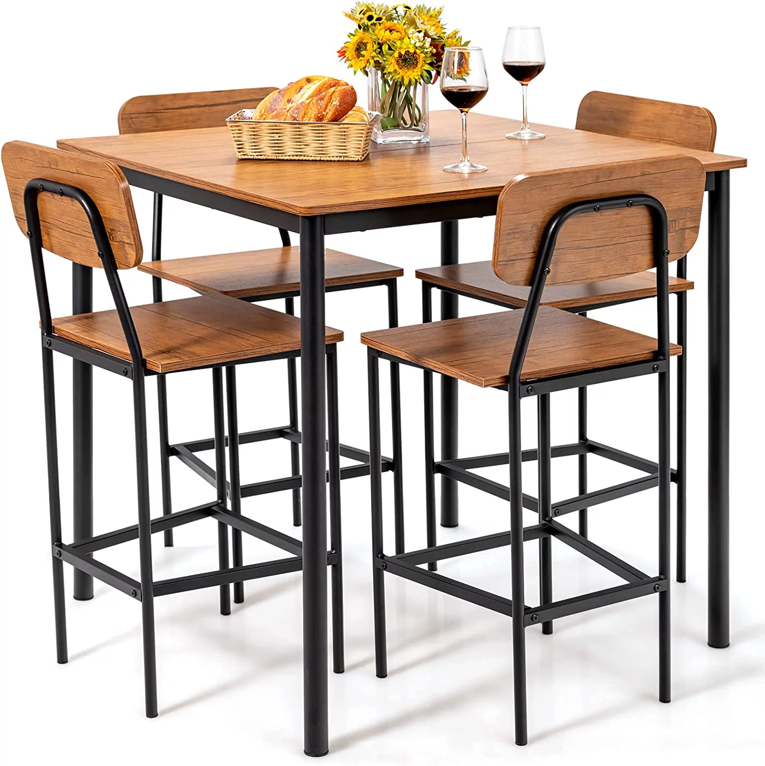 5-Piece Dining Table Set W/Counter Height Table & 4 Bar Stools, Industrial Kitchen Dining Table Set W/Footrest & Backrest, Space-Saving Dinette Set for Pub, Dining Room, Restaurant