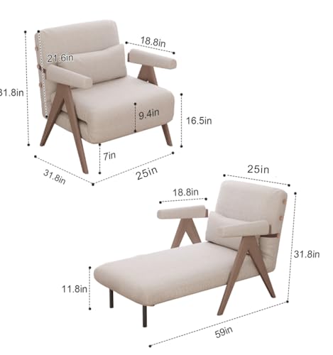 Residential Convertible Sofa Bed Chair,3-in-1 Sofa Sleep Chairs| Adjustable Backrest |Sleeper Chair Pull Out Bed | Living Room/Bedroom/Office | Adults | Beige, White