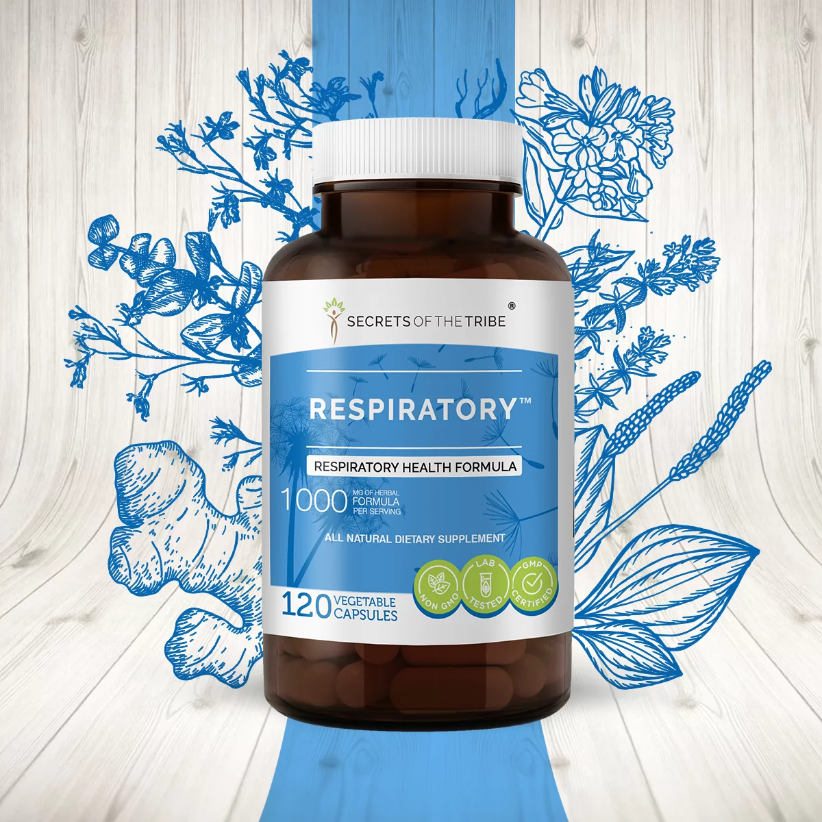 Respiratory 120 Capsules, 500 mg, Eucalyptus, Ginger, Lungwort, Lobelia, Thyme, Plantain. Respiratory Health Formula