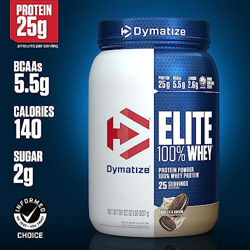 Dymatize Elite 100% Whey Protein Powder, Vanilla, 25g of Protein, 5.5g BCAAs, Less Than 140 Cal., Gluten Free, 2g Carb, 2g Sugar, 3g Fat (67 Servings)