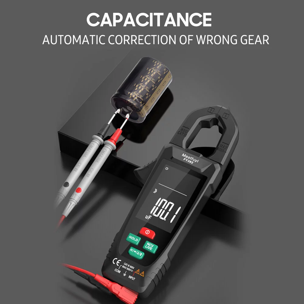Mastfuyi FY382 Smart Clamp Meter True RMS 9999 Counts Digital Multimeter Tester LCD Screen AC DC Voltage AC Current Detector with Flashlight Multifunction Voltage Meter Capacitance Resista