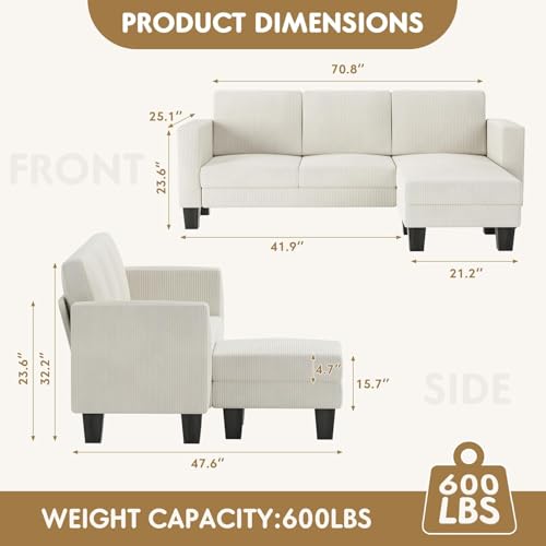 YESHOMY L-Shaped Convertible Sectional Sofa 3 Seater with Corduroy Fabric, Complete with Mobile Footrest, for Living Room, Apartment and Office, 70
