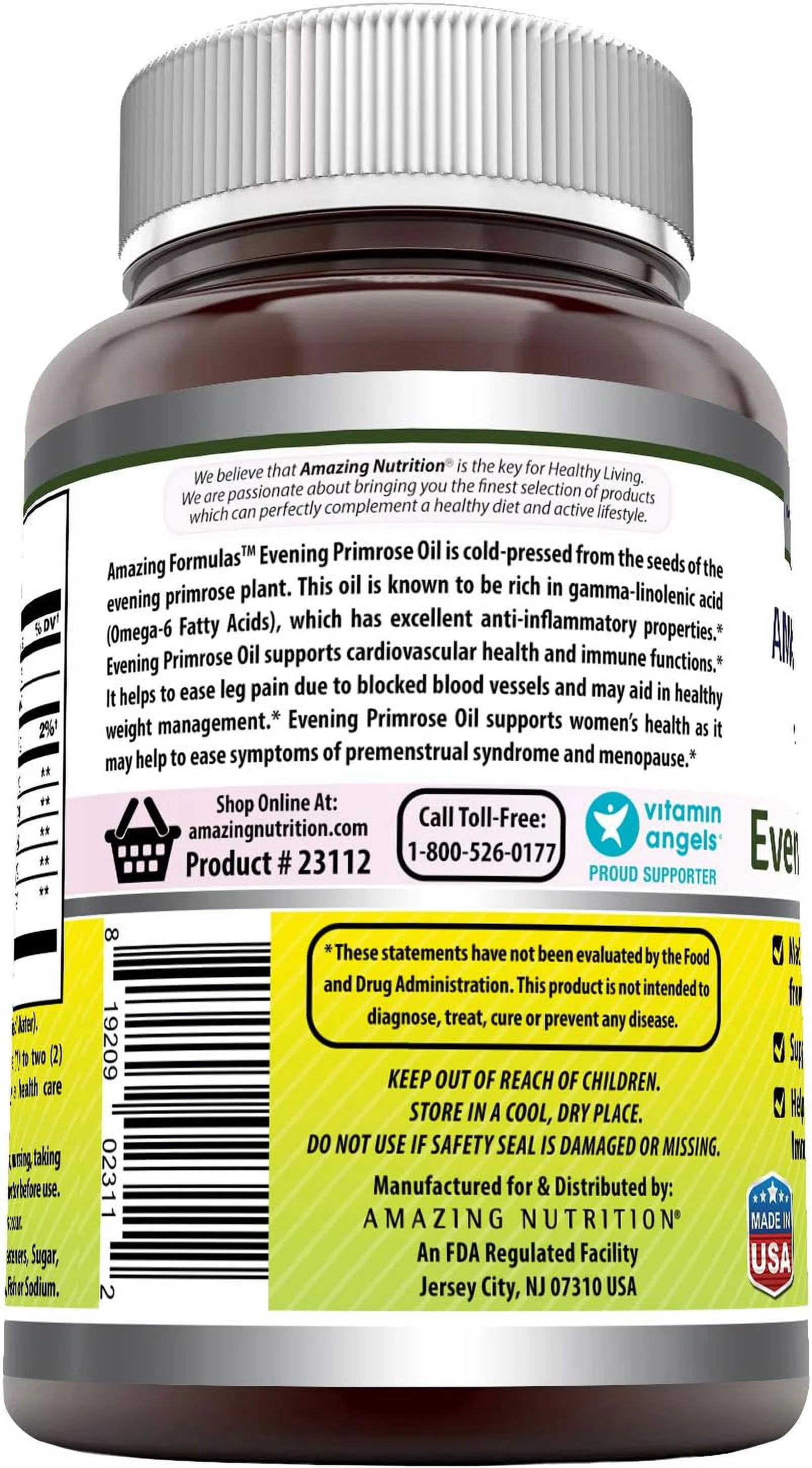 Amazing Formulas Evening Primrose Oil 1300mg, 10% GLA, 250 Softgels Supplement | Hexane Free Cold Pressed Oil | Non-GMO | Gluten Free