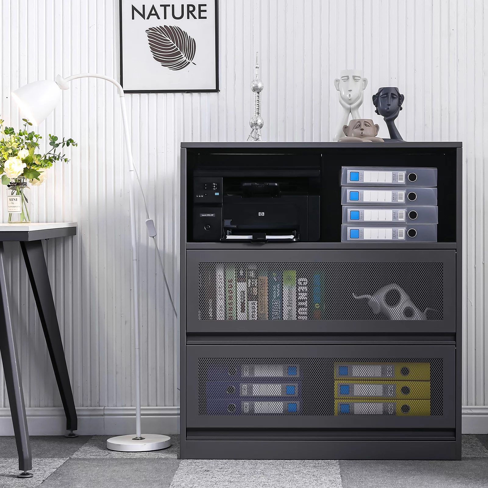 3-Tier Lateral File Cabinet,Metal Filing Cabinet with Open Storage Shelf and 2 Flip Mesh Doors,Printer Stand&File Organizer Cabinet for Home Office School