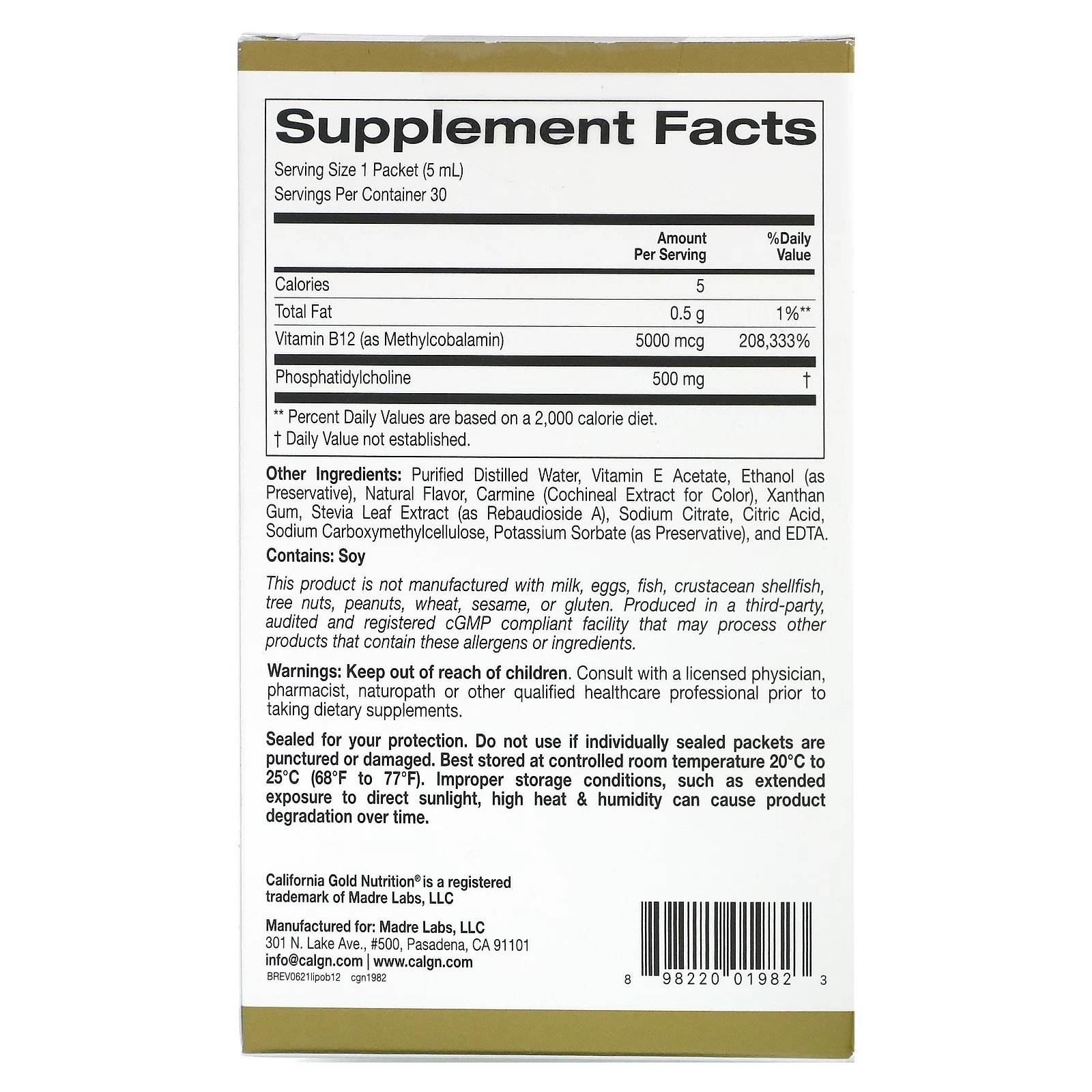 California Gold Nutrition Liposomal Vitamin B12, 30 Packets, 0.17 fl oz  (5 ml) Each