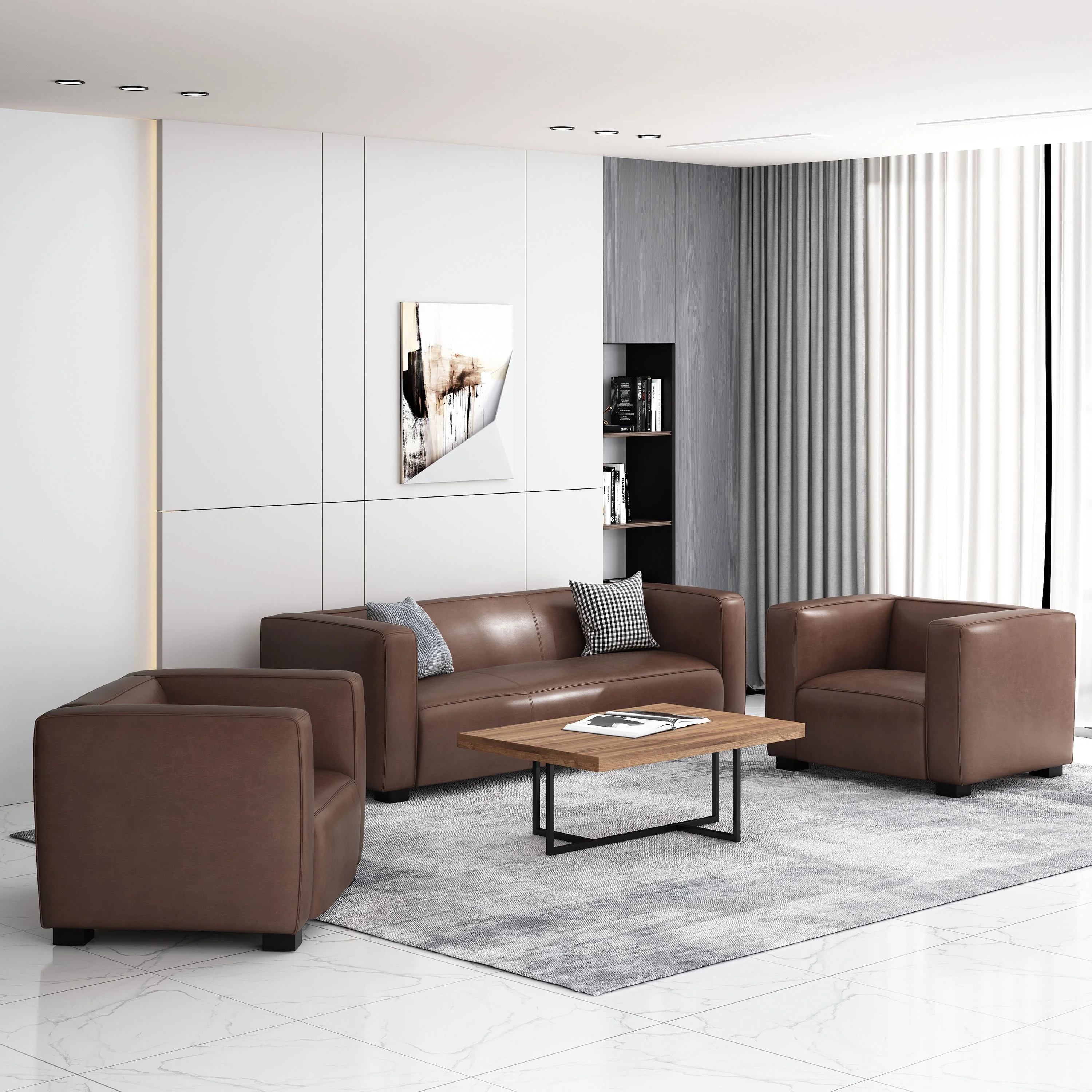 Christopher Knight Home Goyette Faux Leather 3 Piece Club Chair and Sofa Set by  Cognac Brown/ Dark Walnut