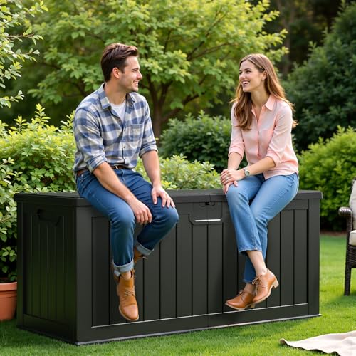 Flamaker Resin Deck Box 120 Gallon Waterproof Large Outdoor Indoor Storage Box Imitation Wood Resin for Patio Furniture Garden Tools and Pool (Black)