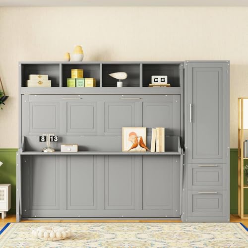 Queen Size Murphy Bed Wall Bed with Closet and Drawers, Foldable Platform Bed Folded into Cabinet, Muti-Functional Designed for Home Office (Gray/L1, Queen)