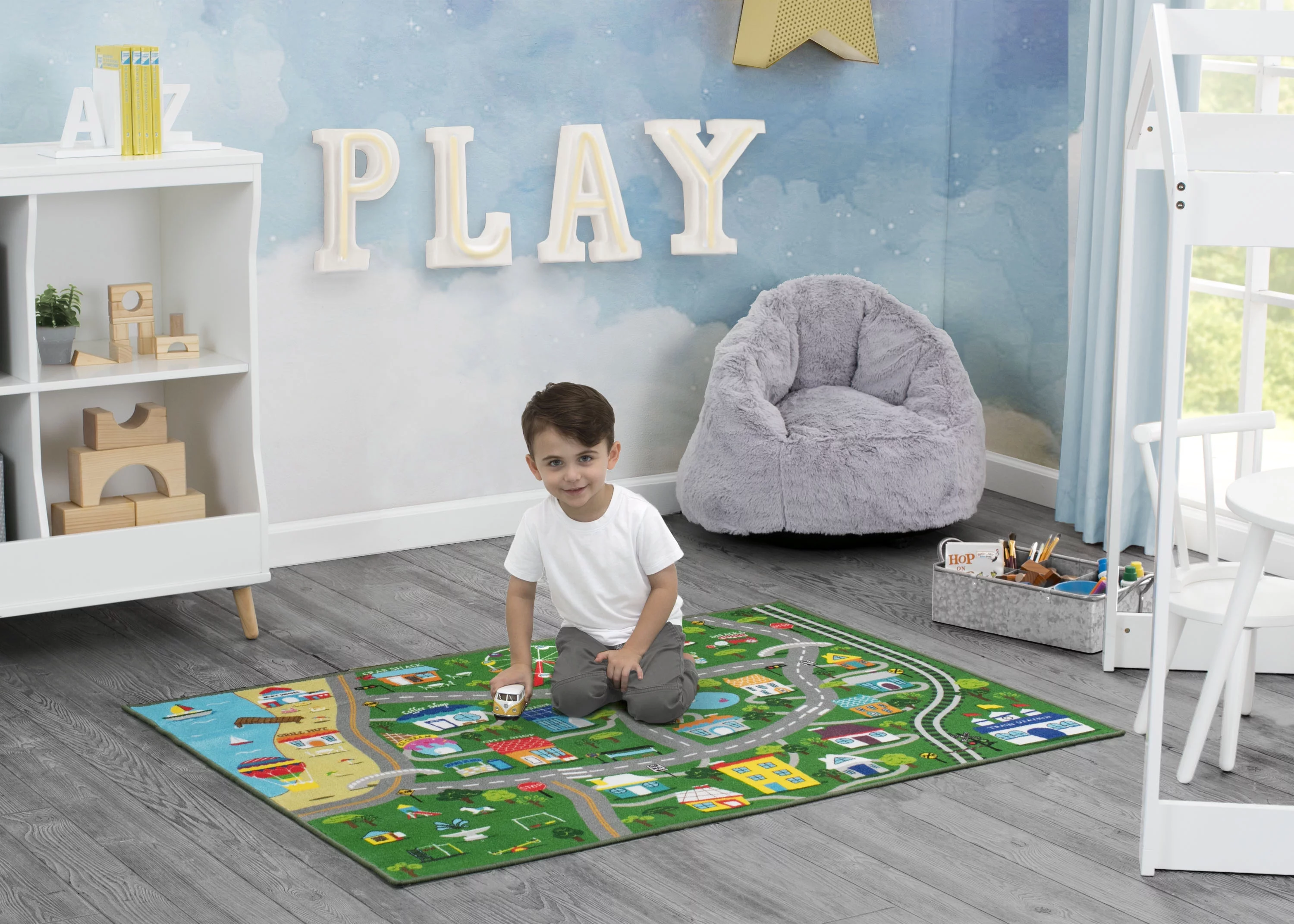 Delta Children Kids Large Road Map Activity Rug, 54-inch L x 39-inch W, Beach Town/Green
