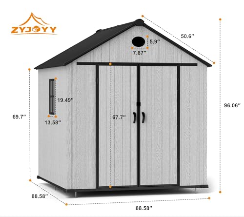 7.3 x 12 FT Shed Resin Outdoor Storage with Floor, 566 cuft Plastic Shed with Window and Lockable Door for Garden, Backyard, with Wood Texture, Grey