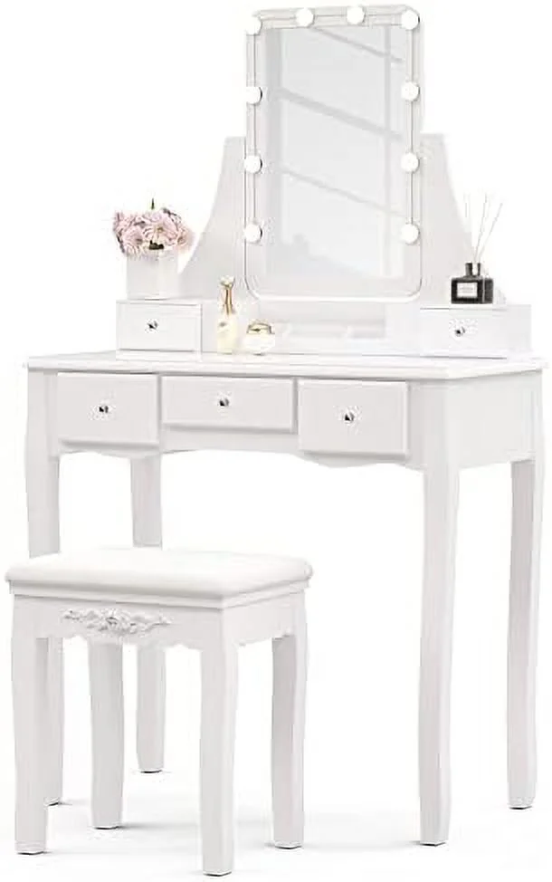 TJUNBOLIFE Vanity Set with Lighted Mirror  White Dressing Table Makeup Vanity with Tri-Fold Mirror and 10 LED Dimmable Bulbs Dressing Table with Cushioned Stool&4 Drawers for Bedroom
