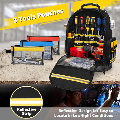 Tool Backpack with Hard Bottom and 3 Pouches, Heavy Duty Tool Organizer Bag for Men Electrician, Construction, Black