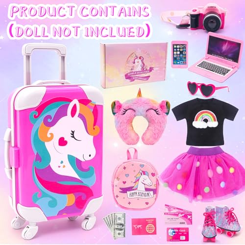 American 18 Inch Doll Accessories Doll Travel Set Including Suitcase Luggage and Dress, Camera Computer Phone Neck Pillow Sunglasses Dolls Travel Gear Play Set Gift for Birthday (NO Doll)