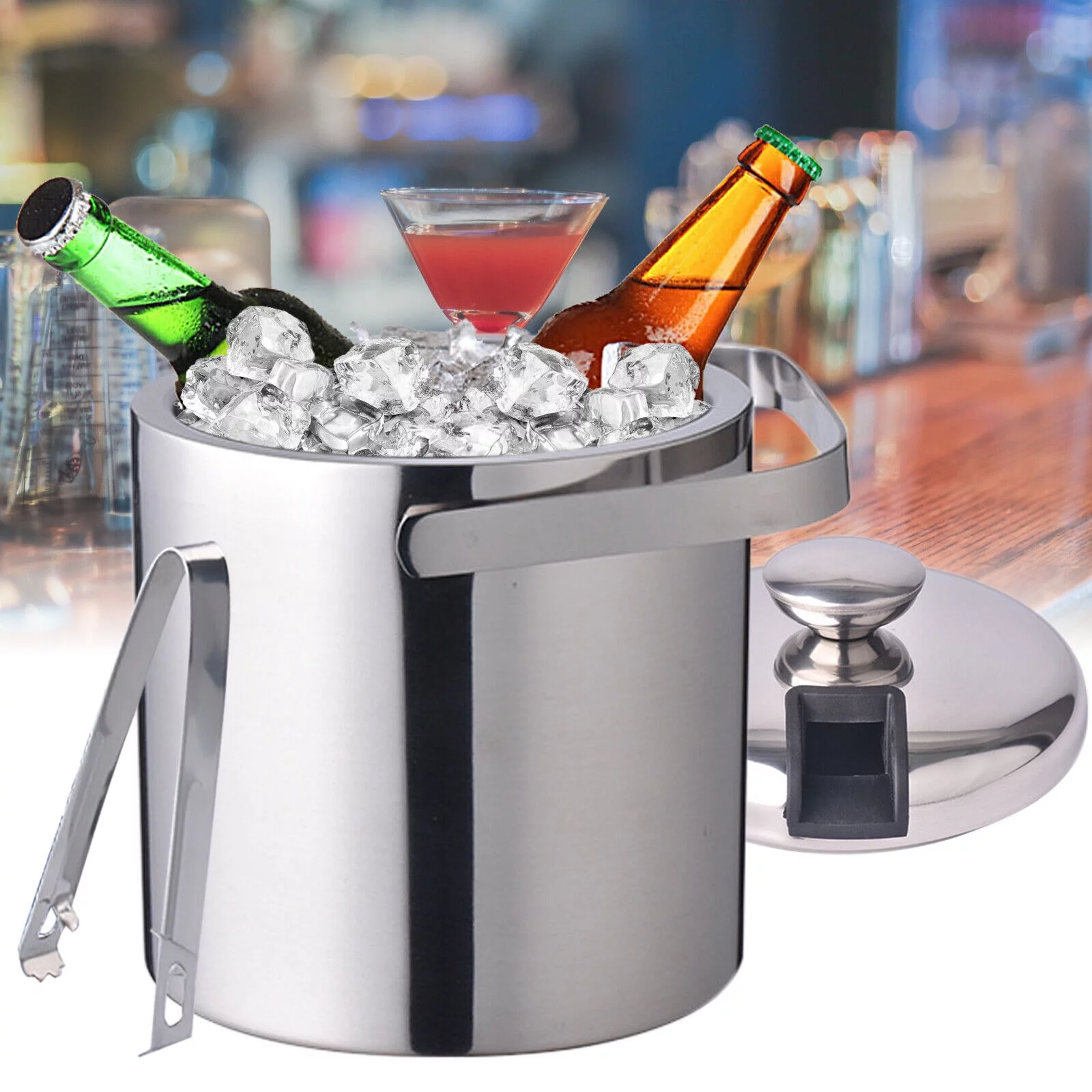 YIYIBYUS Stainless Steel Ice Bucket Double Wall Insulated Ice Bucket Champagne &Wine Bucket1.3L with Lid Strainer and Ice Tong