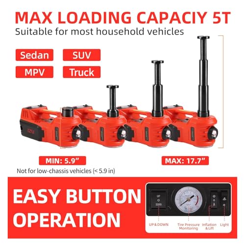 ROGTZ Electric Hydraulic Car Jack Kit 5 Ton 12V Portable Lift Range 17.7 Inch with Tire Inflator Pump for SUV Sedan Truck Car Repair Floor Jack for Vehicle Tire Change with LED Light Jack Only