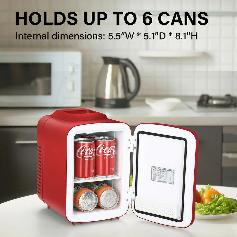 Mini Fridge Portable Cooler & Small Refrigerator Warmer Freon-Free for Skincare 4L/6 Can Beverage Food Cosmetics Home&Travel Red