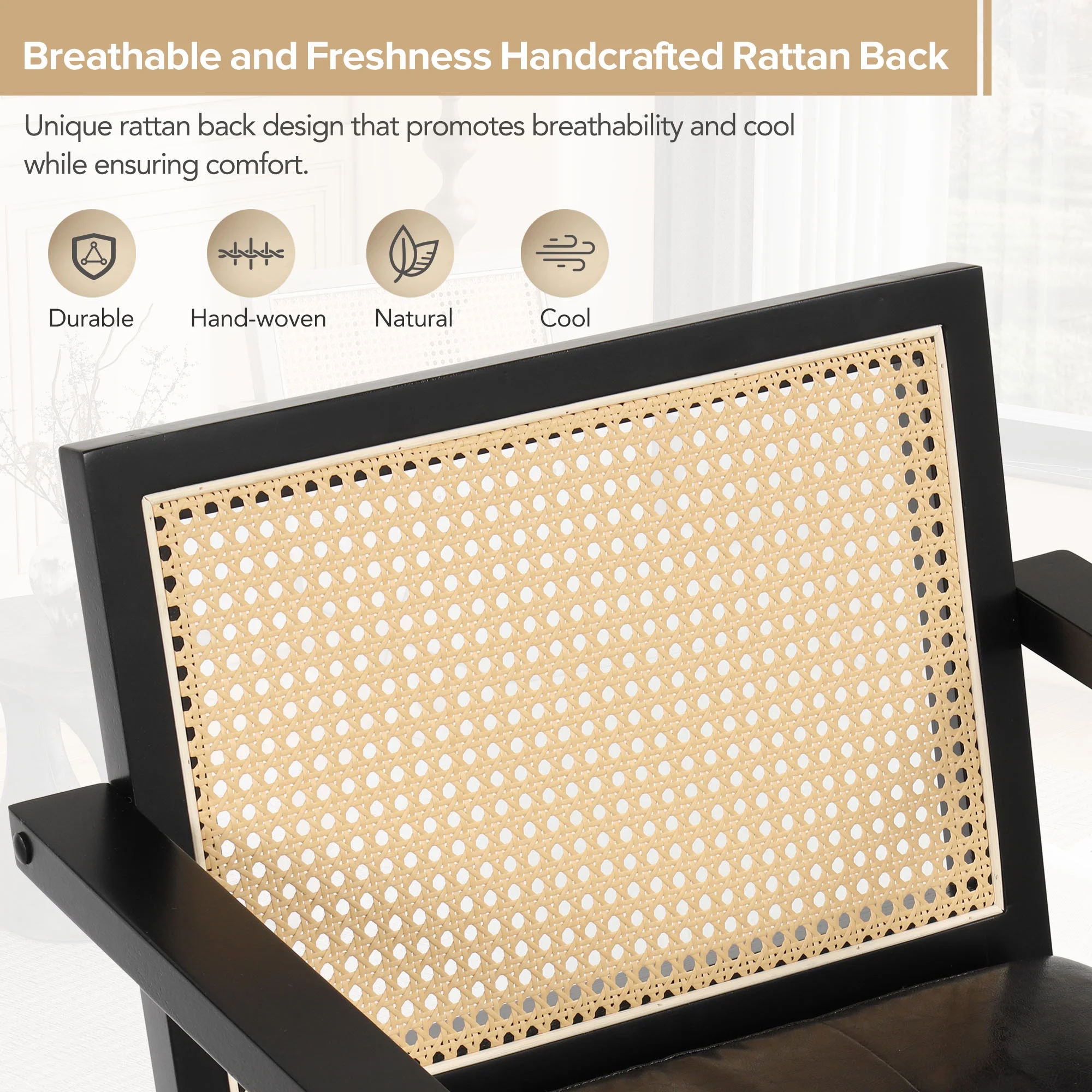 Accent Chair, Comfy Chair Mid Century Modern Accent Chair with Handcrafted Rattan Backrest and Padded Seat, Small Arm Chair for Living Room Bedroom Office, Black