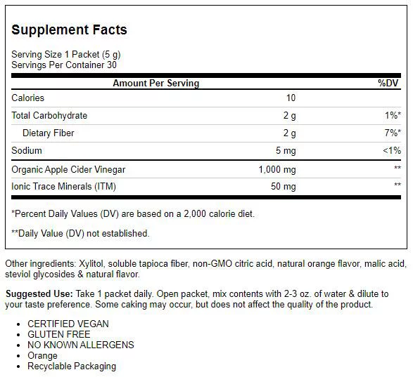 Trace Minerals | Apple Cider Vinegar Pak | Natural Dietary Supplement to Support Normal Digestion | Orange Flavor | 30 Powder Packets