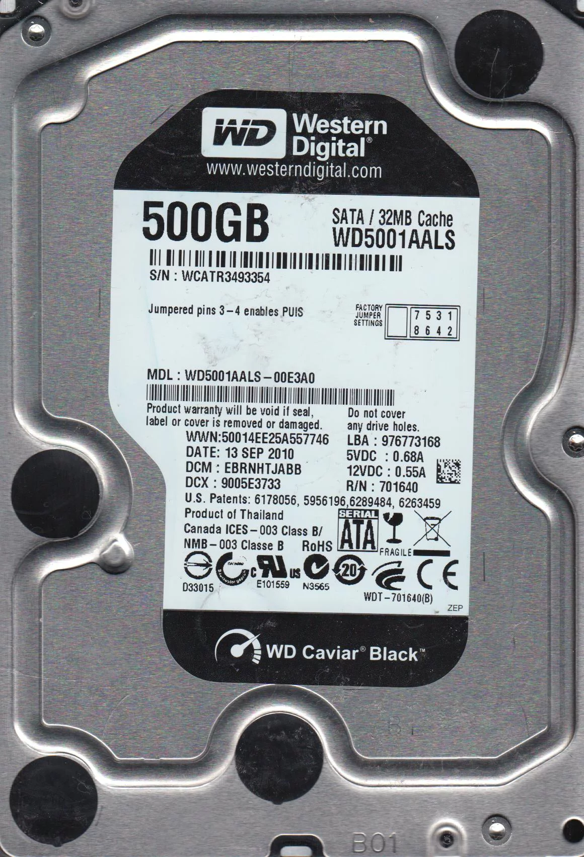 WD5001AALS-00E3A0, DCM EBRNHTJABB, Western Digital 500GB SATA 3.5 Hard Drive