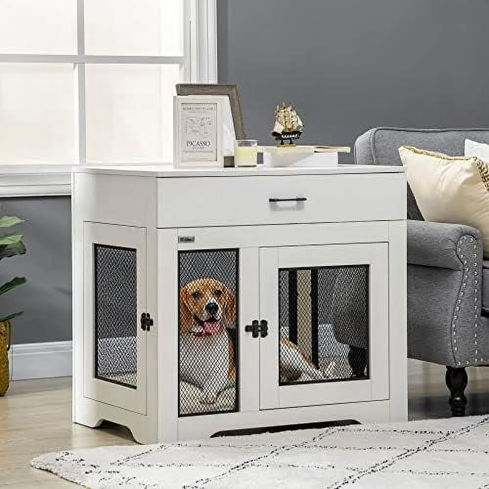 dog crate furniture with soft water-resistant cushion, dog crate end table with drawer, puppy crate for small dogs indoor with 2 doors, white