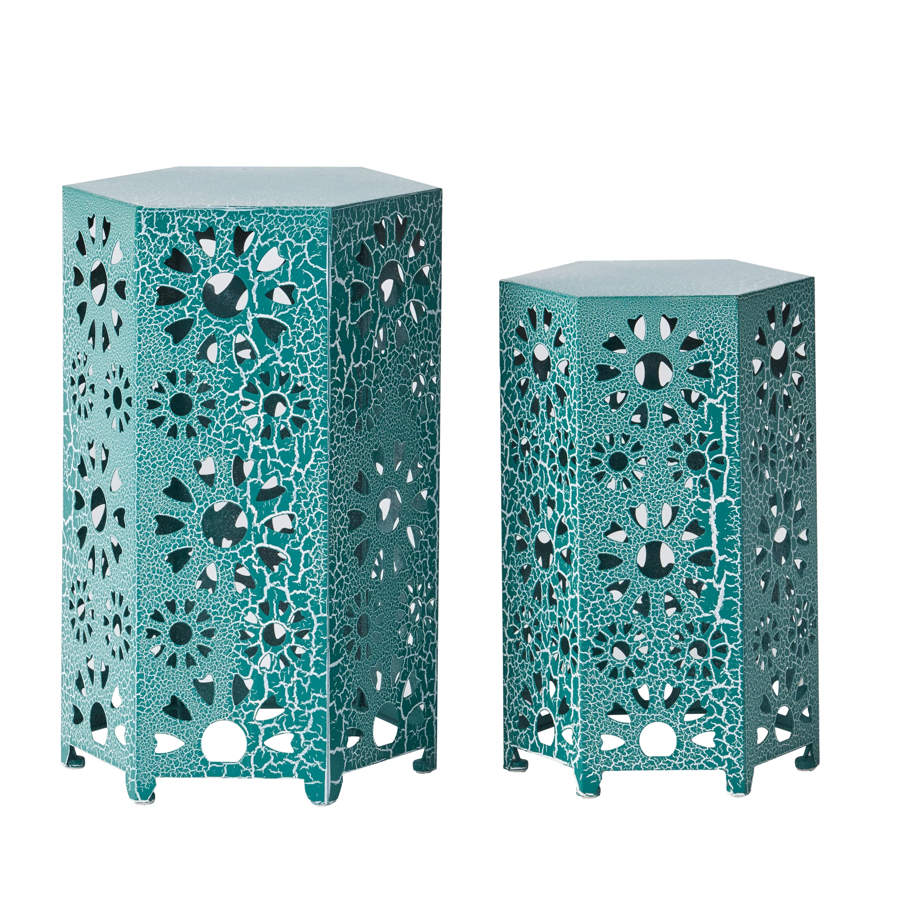 Marshall Outdoor 12 Inch and 14 Inch Sunburst Iron Side Table Set, Crackle Teal