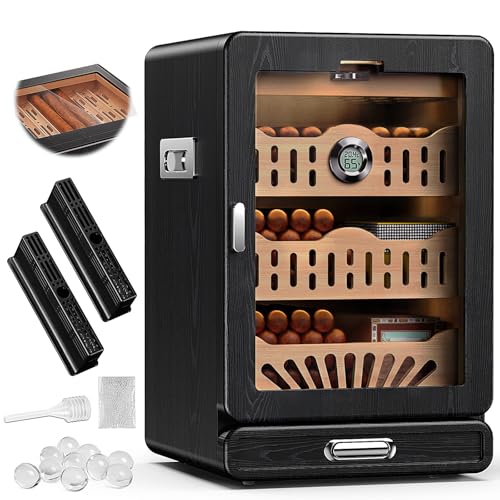 Cigar Humidor, Glass top Tabletop Cigar Humidor Cabinet Draw Pattern Spanish Cedar Tray, Accessories Drawer, 2 Standing Gel Humidifiers，1 Digital Hygrometer, for Men（Black）