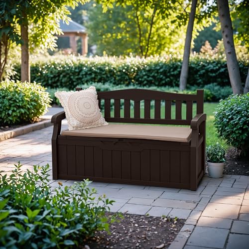 Devoko 80 Gallon Storage Bench Deck Box Lockable for Patio Furniture, Garden Decor and Outdoor Seating for Cushions, Garden Tools and Pool Supplies (Black)
