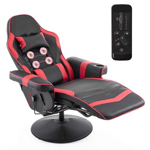 Gaming Chair with Massage for Adults, Comfy Reclining Gaming Chair with Footrest, Adjustable Backrest and Cup Holder, Black Blue