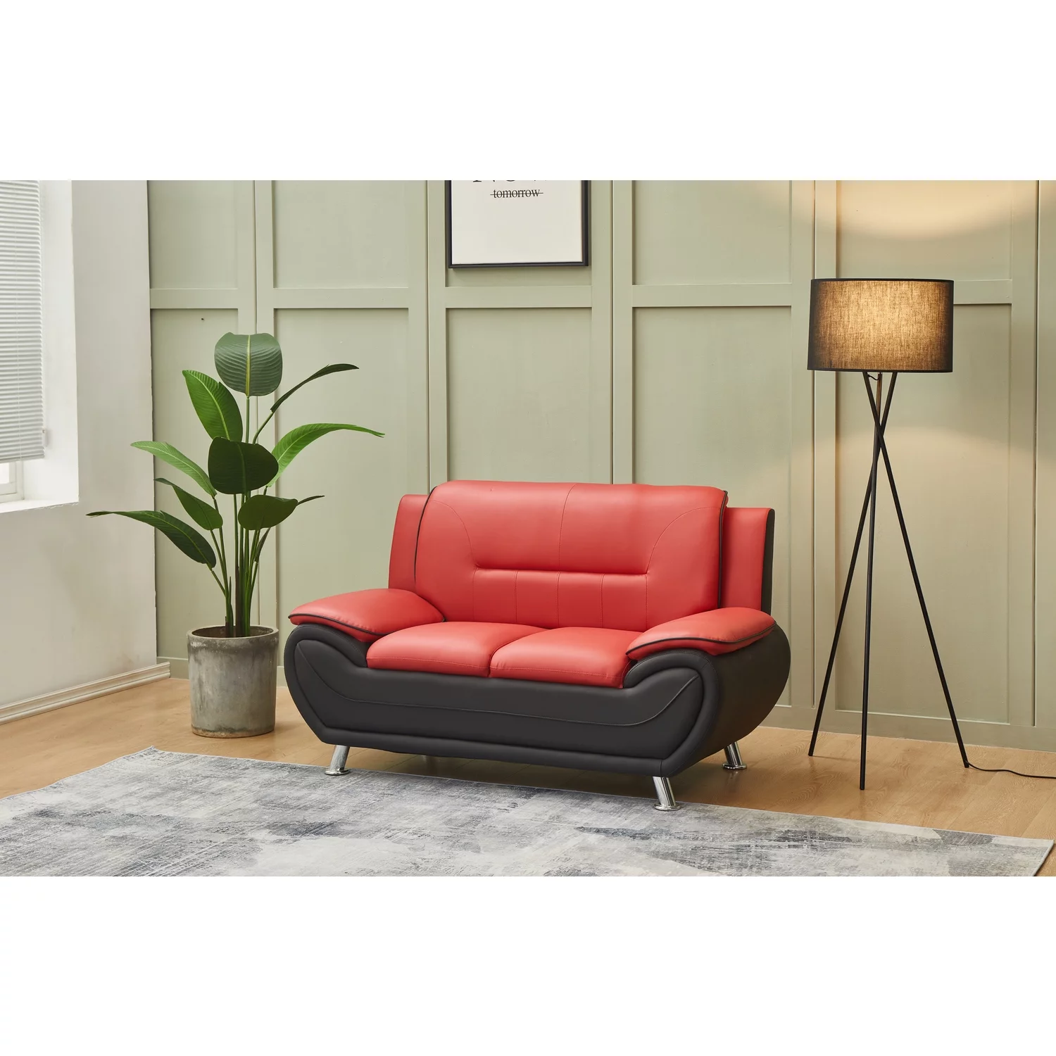 Kingway Furniture Zebra Faux Leather Loveseat with Pillow Armrests in Black/Red