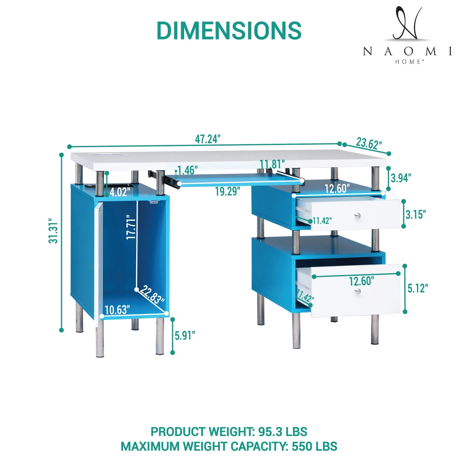 Naomi Home Modern Home Office Desk with Storage-Color:White, Robin Egg Blue