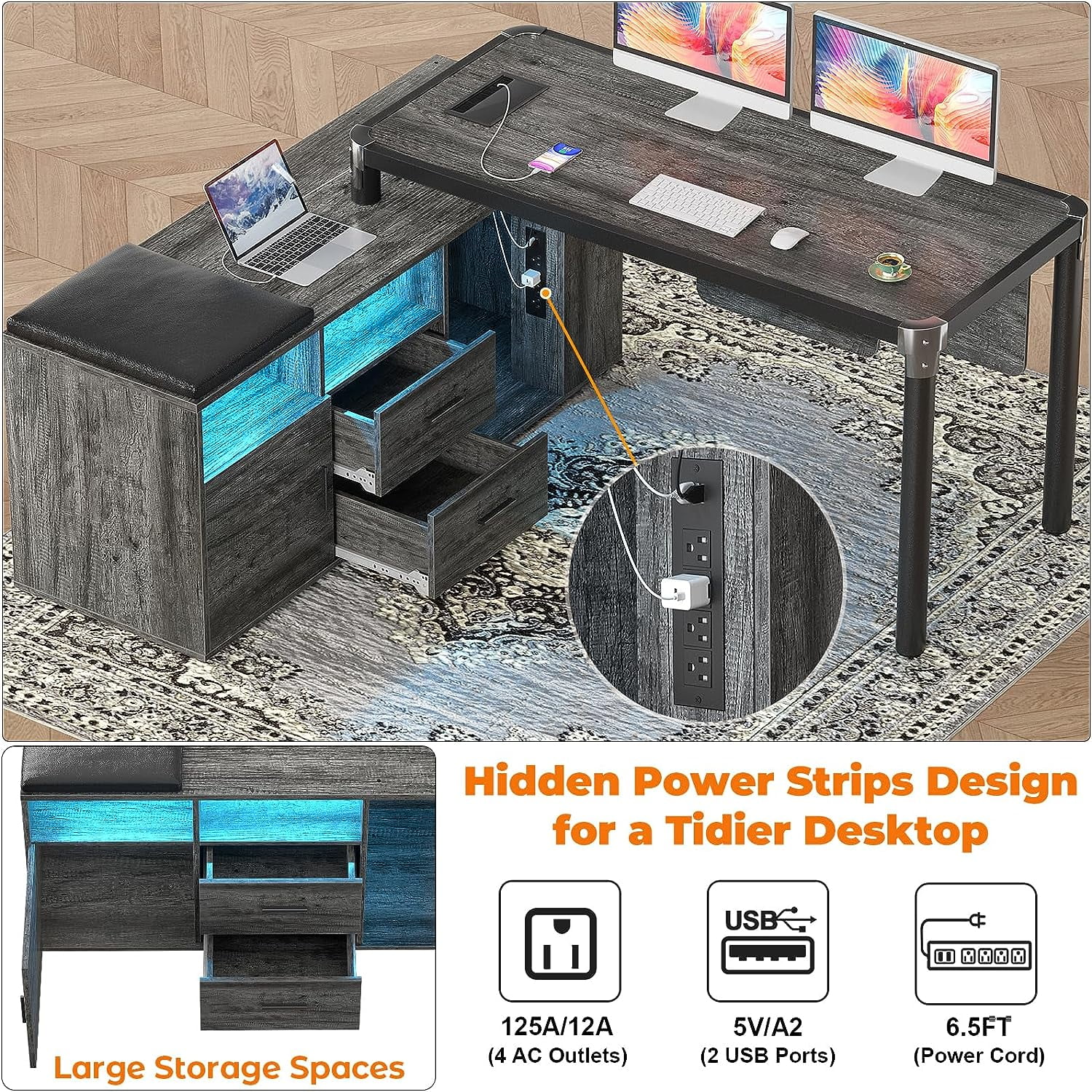 Homieasy L Shaped Desk with File Cabinet and Storage Shelf, 55 Inch Corner Computer Desk with Power Outlet & LED Strip, Large L-Shaped Office Desk with Drawer and Soft Cushion, Grey