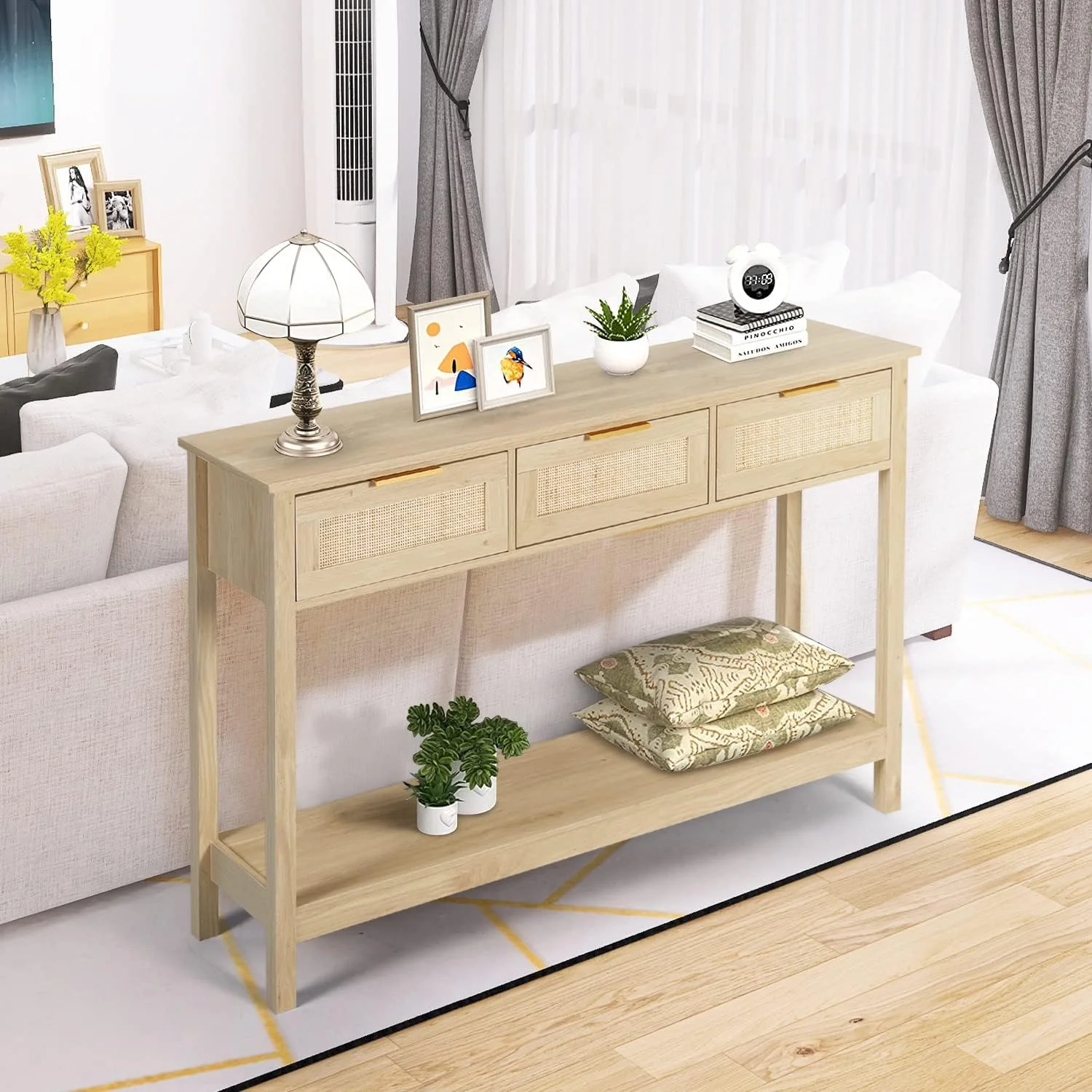 HJZUINIUNIU 51" Console Table  Oak Grain Sofa Table with Wood Frame  Rustic Hallway Table with 3 Bamboo Weaving  Drawers and  for Foyer Living Room Entryway
